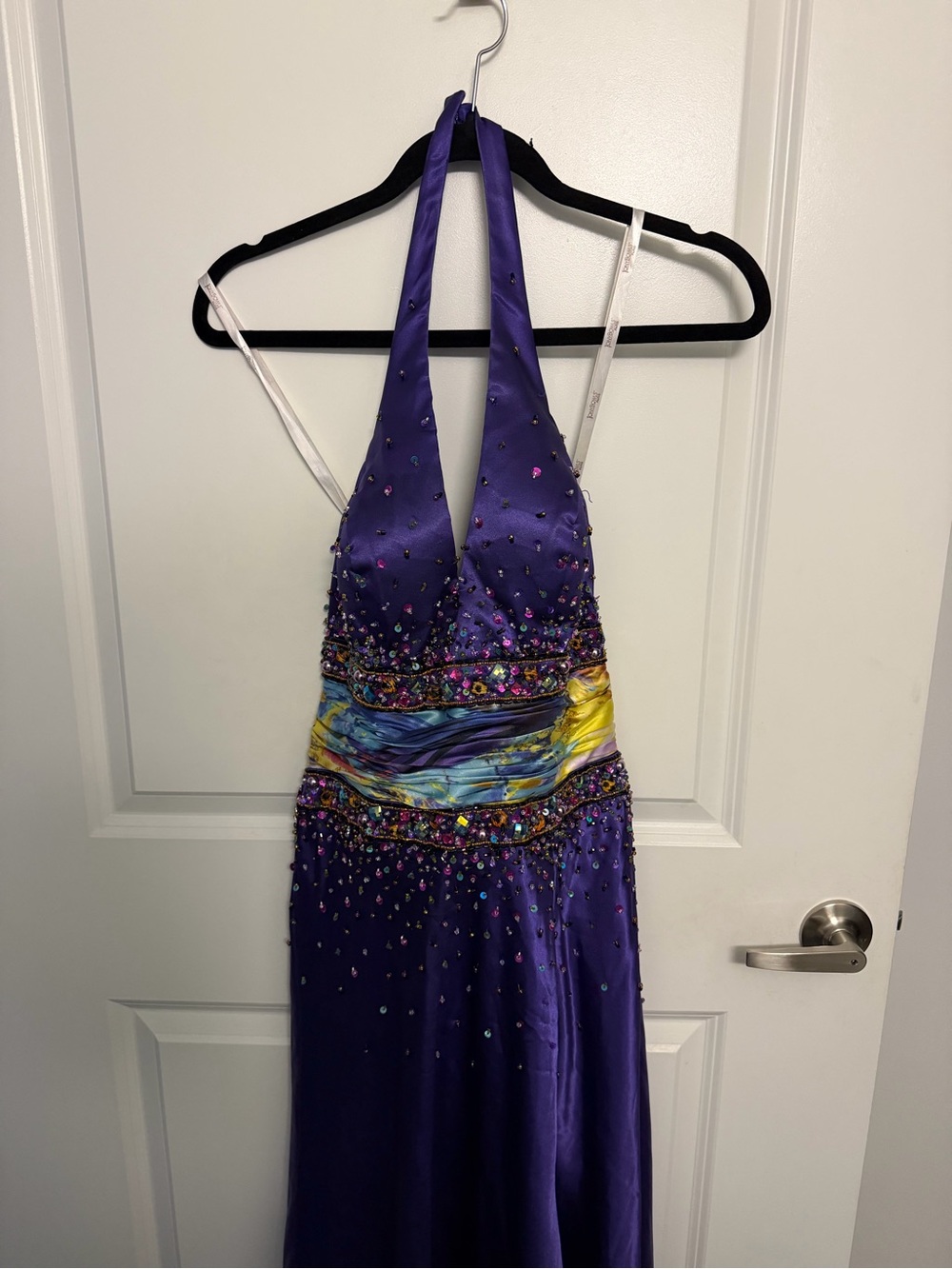 Tony Bowls Purple Beaded Strapless Evening Dress